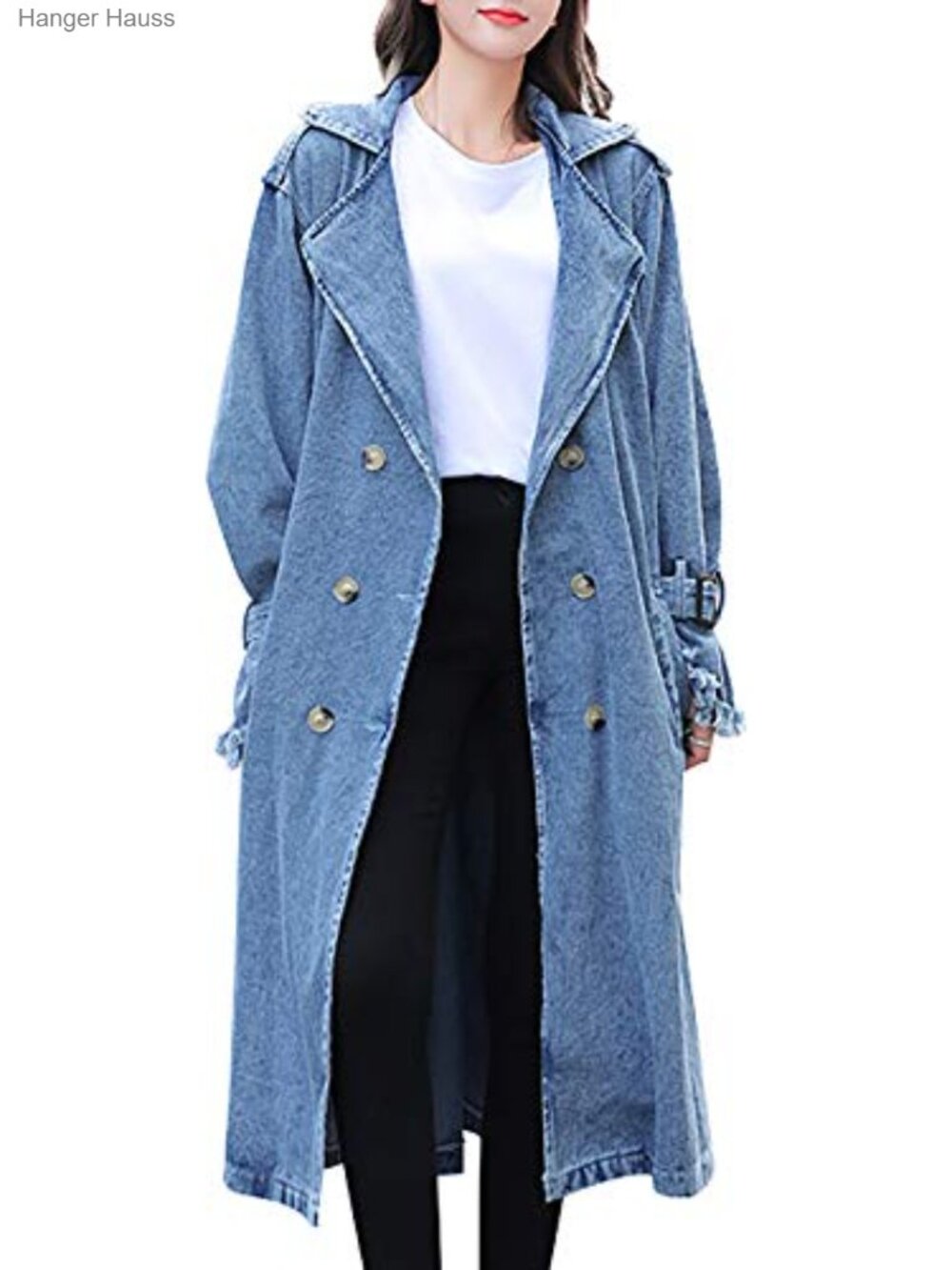 Women's Long Denim Jacket Belted Trench Coat Double Breasted Oversized Jean